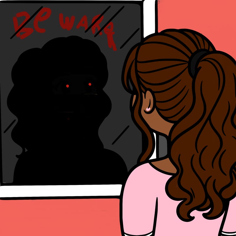 a woman looks at her reflection in the mirror