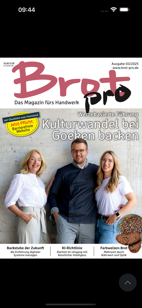 Brot Magazin - A capa da edição Brot Magazin Pro apresentando três padeiros profissionais e manchetes em alemão sobre pão artesanal.