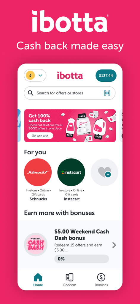 Ibotta: Save & Earn Cash Back - Pantalla de inicio de la aplicación Ibotta que muestra el saldo de reembolso y ofertas de compra personalizadas.