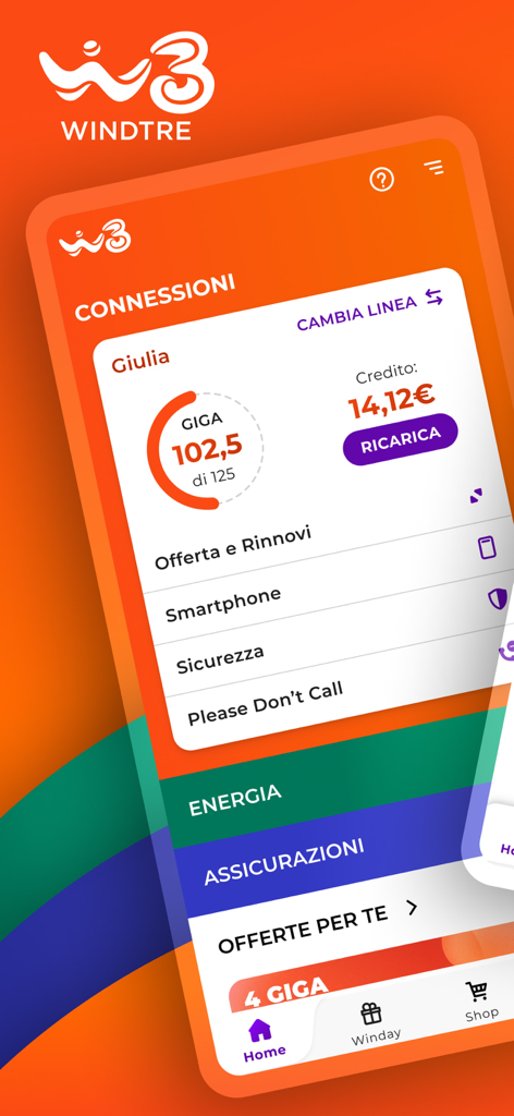WINDTRE - WINDTREアプリのインターフェース。モバイルデータ使用量、クレジット残高、接続、エネルギー、保険の管理オプションが表示されています。