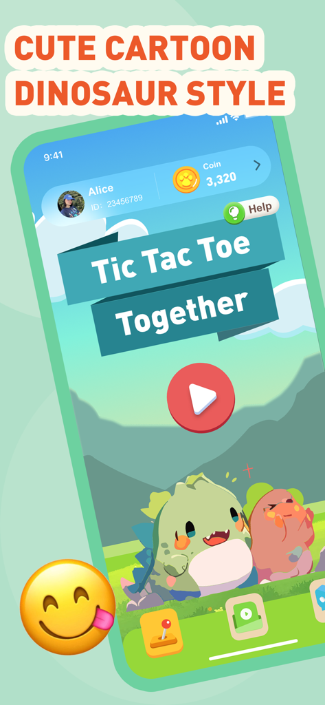 Pigo: Live Video Chat,Fun Game - Pigo app home screen featuring a cute cartoon dinosaur style and Tic Tac Toe Together game menu