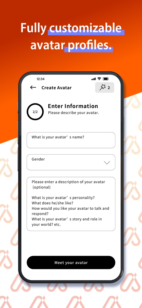AI AVATAR - Your Companion - A mobile screen showing the profile creation interface for a customizable AI companion.