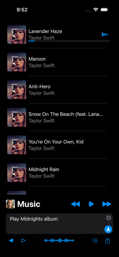 AI-Jukebox - AI-Jukebox app screen showing a Taylor Swift song list generated via AI prompt