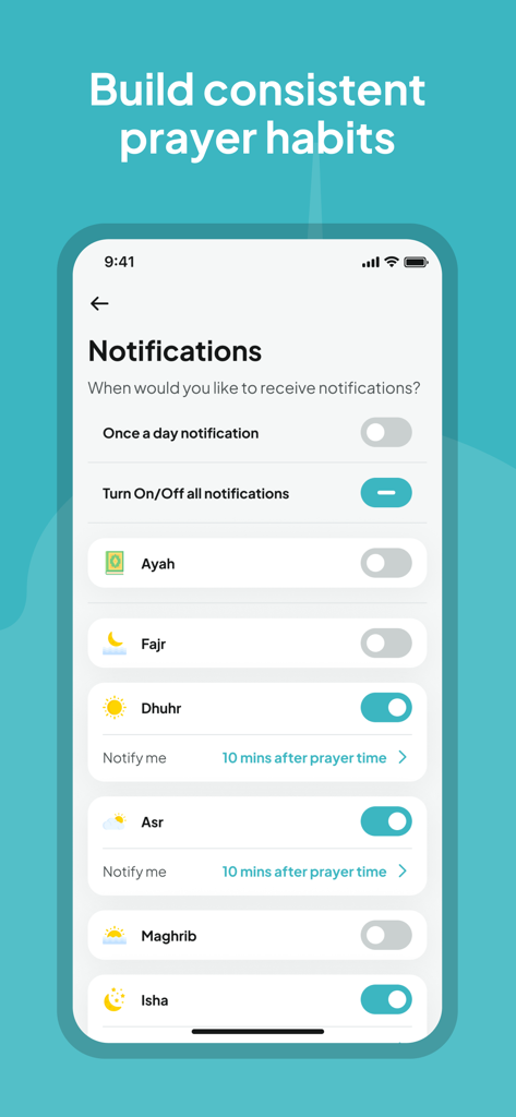 A screenshot of the Niya app showing notification settings to customize prayer reminders and build consistent habits.