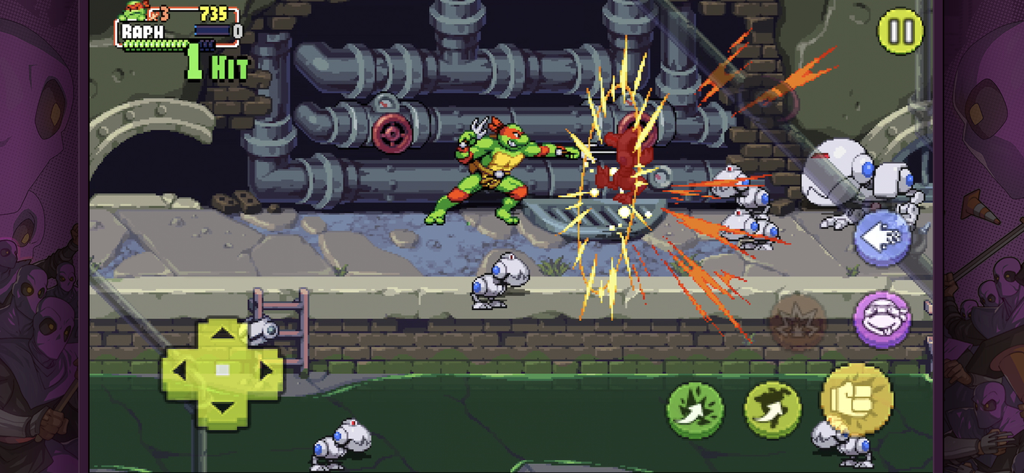 TMNT:Shredder’s Revenge Mobile - 레트로 픽셀 아트 하수구 레벨에서 Mouser 로봇과 싸우는 Raphael