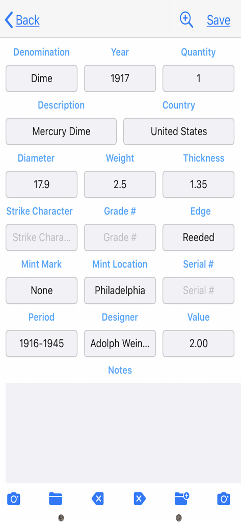 My Valuable Coin Collection - App interface showing detailed technical specifications and value for a 1917 Mercury Dime