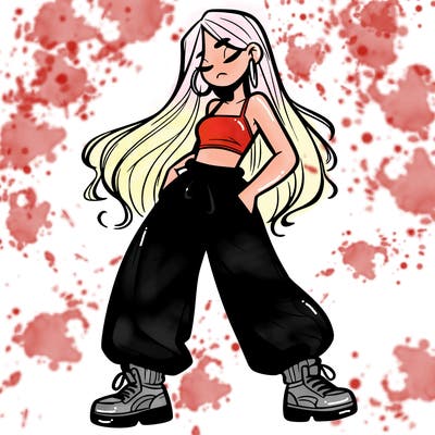girl in baggy pants crop top and long hair