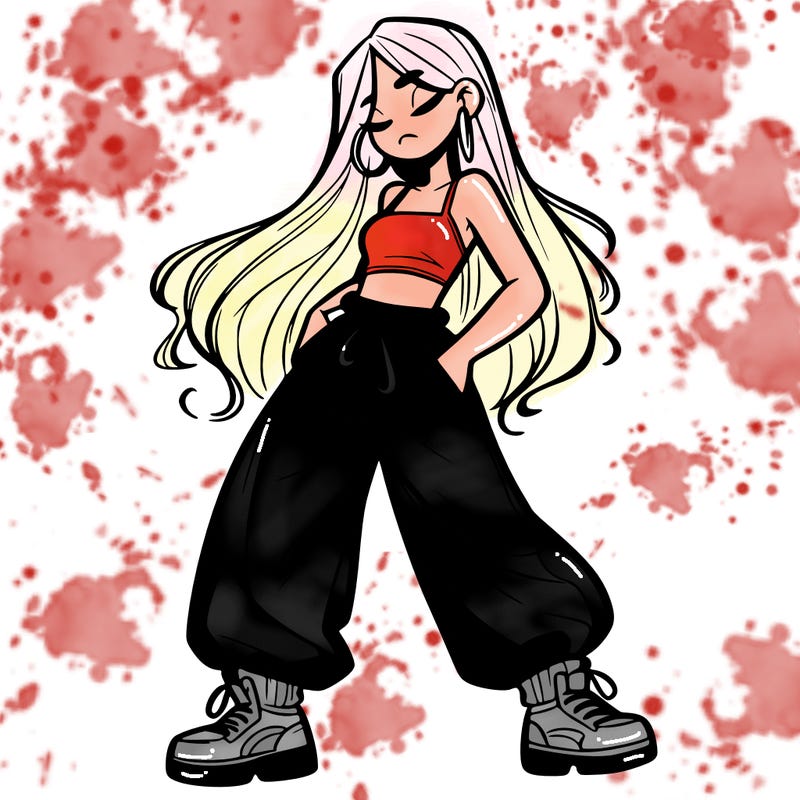 girl in baggy pants crop top and long hair