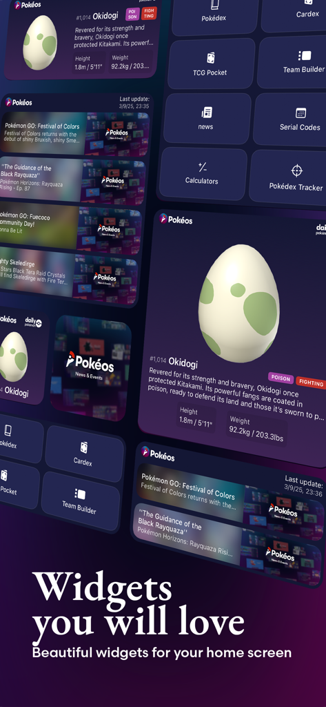 Pokéos - A collection of Pokeos mobile app widgets for the home screen featuring Pokemon data and news.
