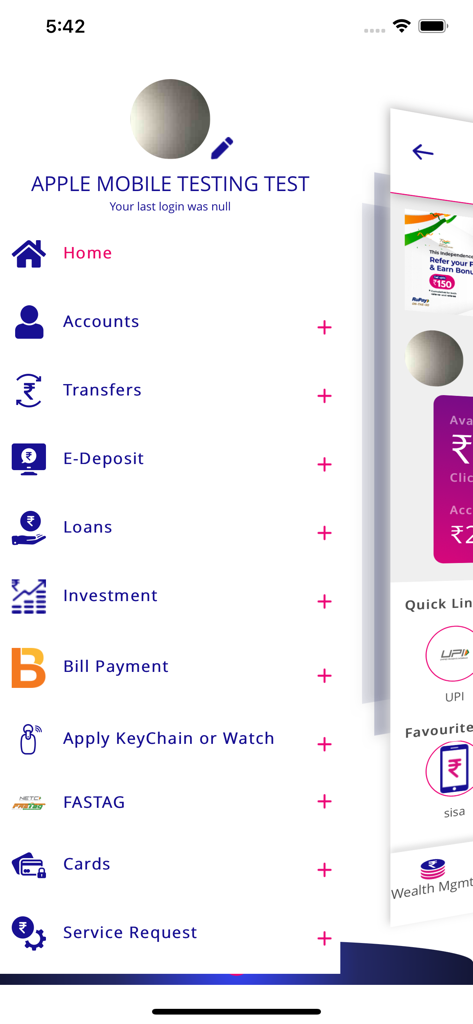 CUB MOBILE BANKING PLUS - Main navigation menu of the CUB Mobile Banking Plus app showcasing various banking services like transfers, investments, and bill payments.