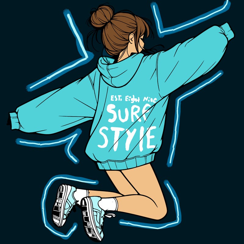 realistic girl jumping with a bun and oversized sweatshirt