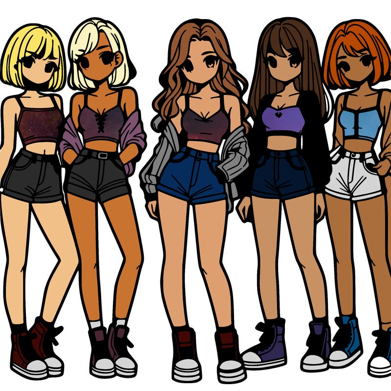 a group of girls wearing crop tops and shorts