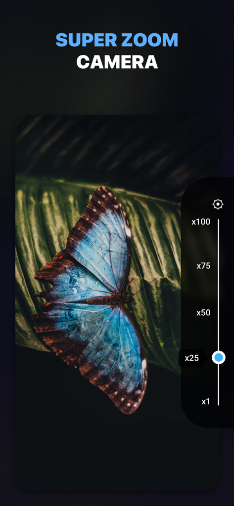 Un primer plano macro de una mariposa azul sobre una hoja utilizando la aplicación Super Zoom Camera con un control deslizante de 25 aumentos.