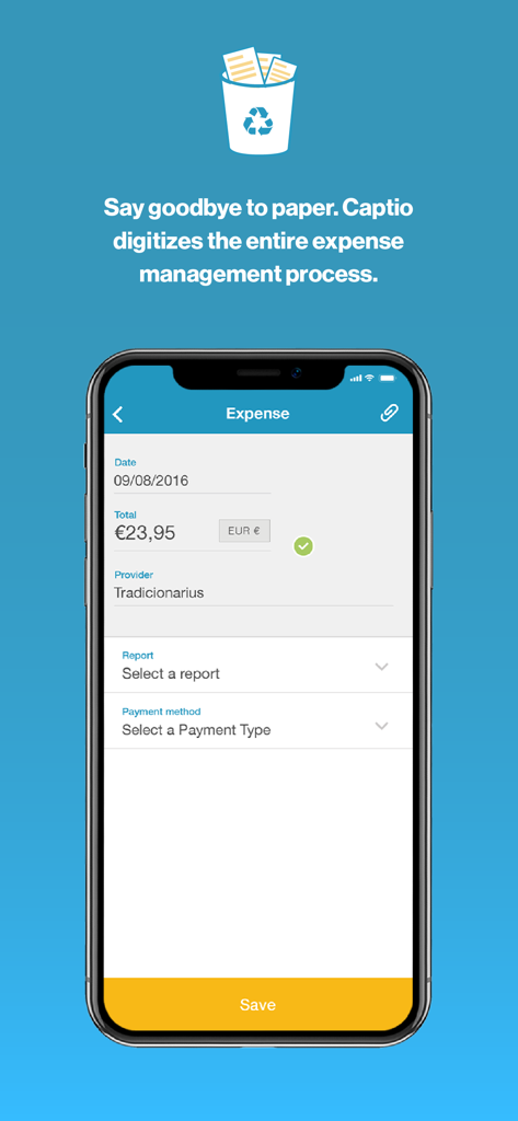 Smartphone screen showing Captio app with a digital expense report entry including date, total amount, and provider