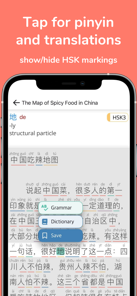 Interfaccia dell'app Du Chinese che mostra testo cinese con traduzioni pinyin e contrassegni di livello HSK