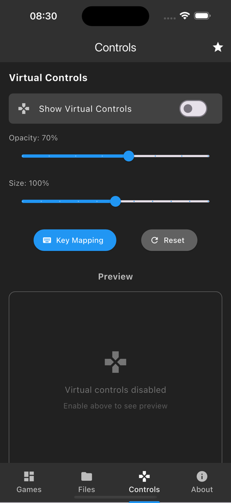 Virtual controls settings screen for the RPCSX emulator app on iOS