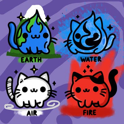 4 cats that represent the different elements, earth, water, air, and fire