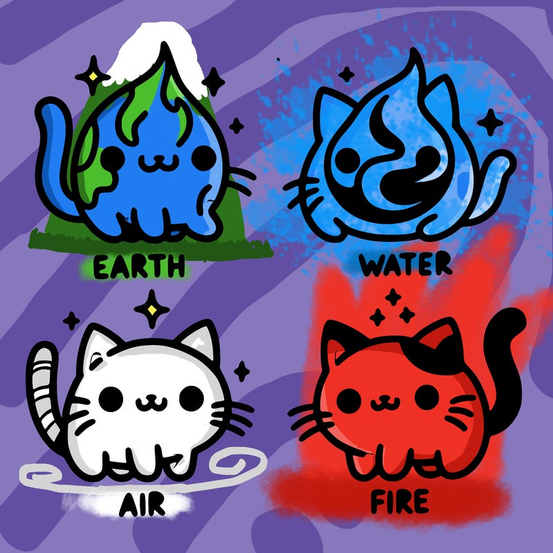 4 cats that represent the different elements, earth, water, air, and fire