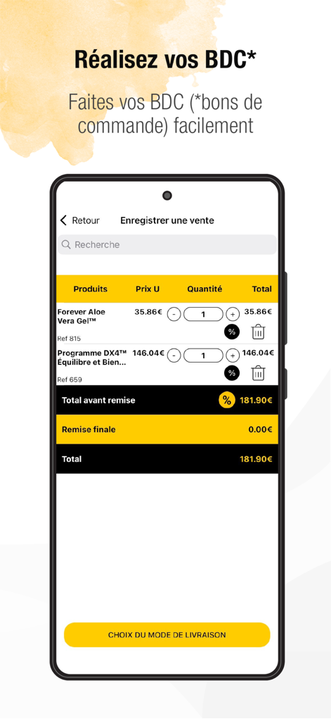 FLPMobil FOREVER - Mobile screen of the FLPMobil app showing the creation of a customer purchase order with product details and pricing