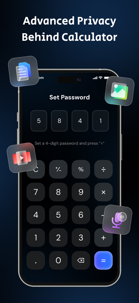 Calculator Lock : Hide Video - Interfaz de la aplicación Calculadora Oculta para ocultar fotos y videos detrás de un PIN secreto