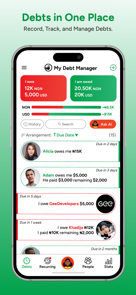 Dashboard view of My Debt Manager app showing summarized debts owed and receivable with a detailed transaction list organized by due date.