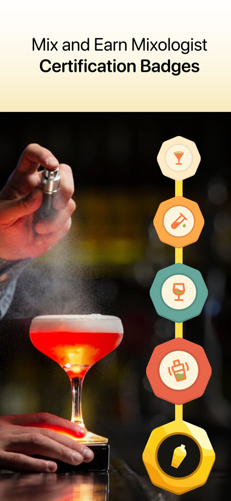 Mixology - Bartender App - Interfaccia dell'app Mixology che mostra badge di certificazione da mixologist guadagnati accanto a un barista che guarnisce un cocktail