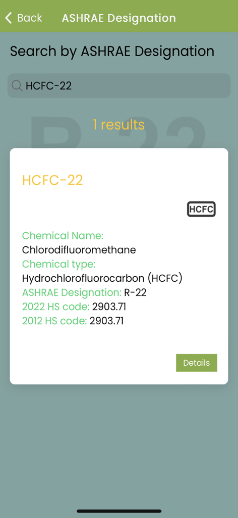 What GasアプリでのHCFC-22冷媒の検索結果。化学情報が表示されます。