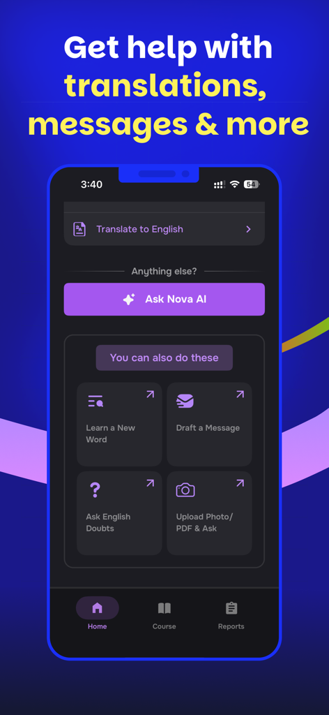 Schermata dell'app Supernova AI che mostra traduzione inglese, bozze di messaggi e funzionalità dell'assistente AI.
