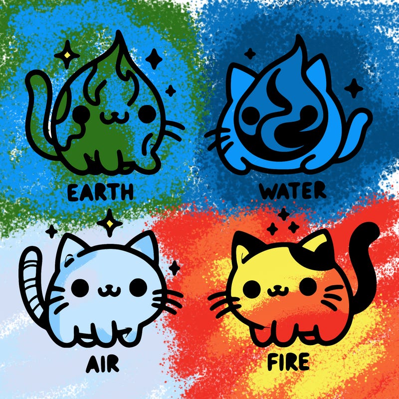 4 cats that represent the different elements, earth, water, air, and fire