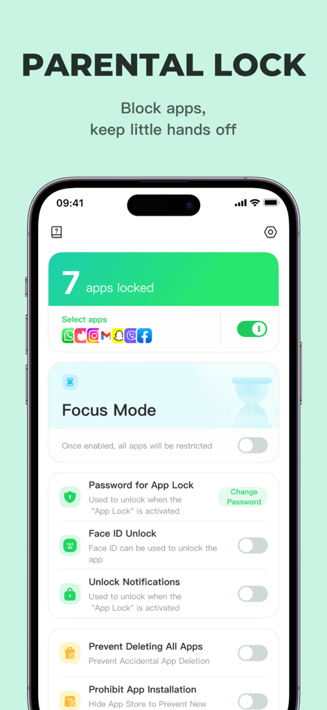 App Lock - Lock Apps ™ - Capture d'écran de l'interface App Lock montrant les fonctionnalités de contrôle parental telles que les applications verrouillées, le mode Concentration et les paramètres de sécurité