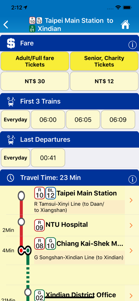 Go! Taipei Metro - Go Taipei Metro app screen showing fare prices, first and last train times, and a route map from Taipei Main Station to Xindian