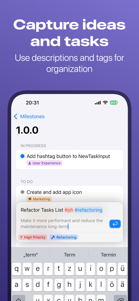 Project Planner: Milestones - 説明とスマートハッシュタグタグ付けでタスク作成を示すプロジェクトプランナーアプリのiPhone画面。