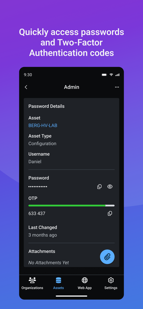 IT Glue mobile app interface displaying password details and a two factor authentication OTP code for a secure asset
