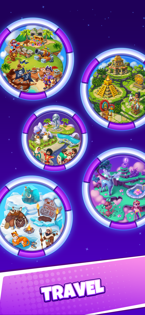 A selection of themed game worlds in Time Master including pirate islands and ancient civilizations