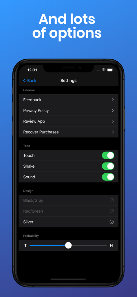 Coin Flip CT - Settings screen of the Coin Flip CT app showing toss interaction toggles coin design choices and a probability slider