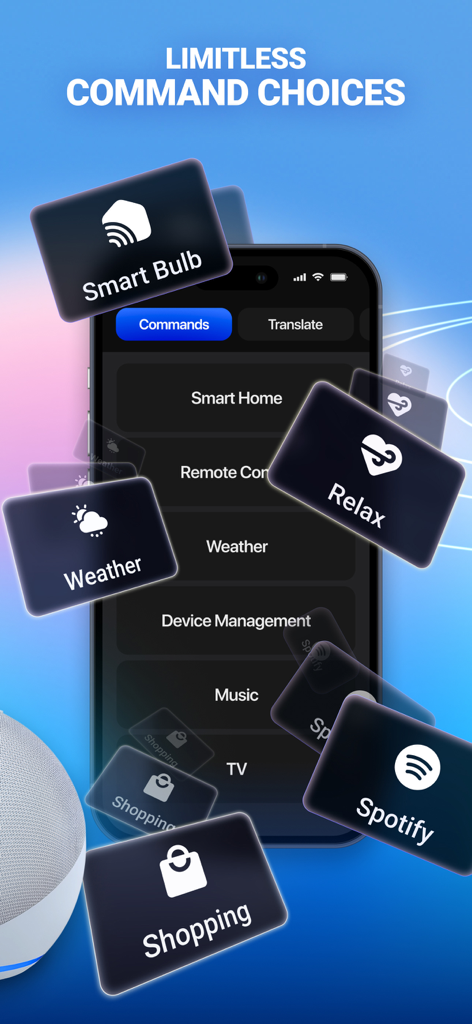 Smart Alexa : Voice Control - A smartphone displaying the Smart Alexa app interface with various voice command categories like smart home and music