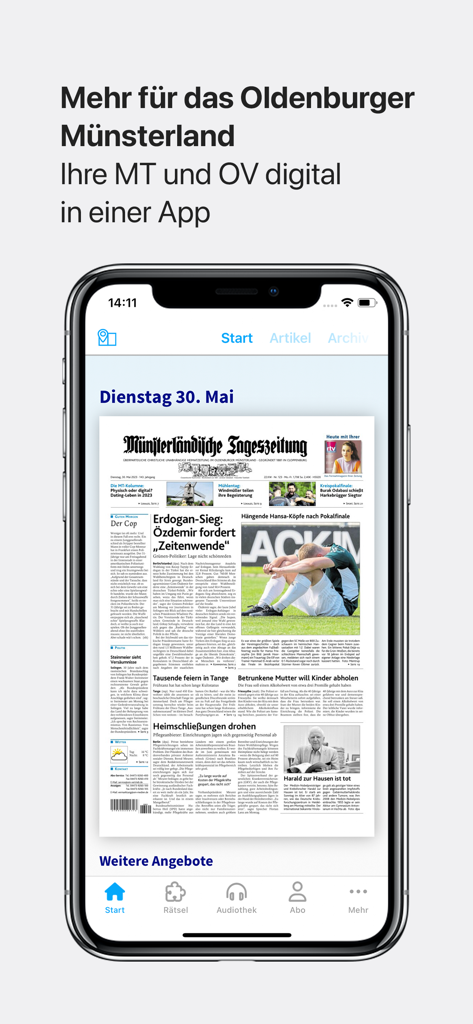 A smartphone displaying the digital edition of the Münsterländische Tageszeitung newspaper within the OM-E-Paper app.