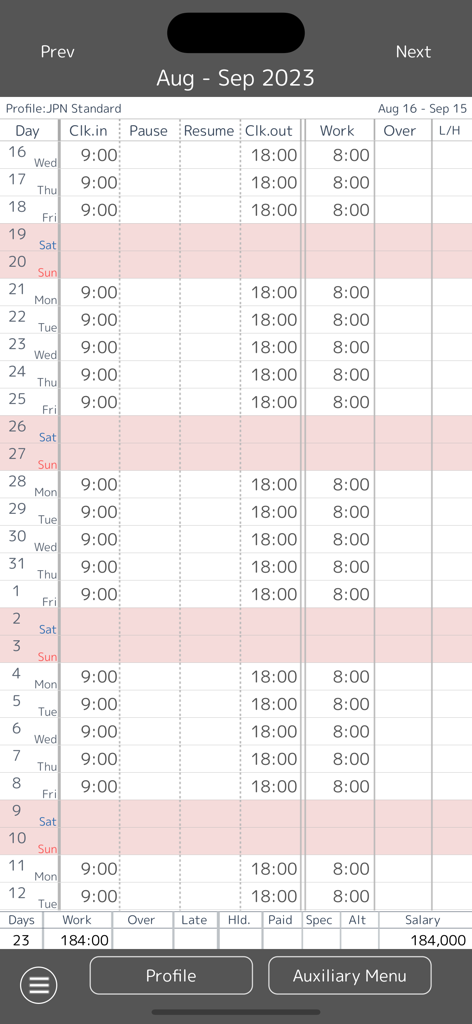 Work Log -Time sheet- - Work Logアプリの月次タイムシートビュー。日ごとの出退勤時刻と合計給与の概要が表示されています。