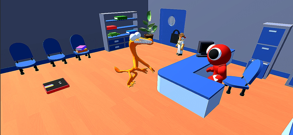 Rainbow Friends Obby : Roblox - Personajes de Rainbow Friends Rojo y Naranja en una sala de dentista azul