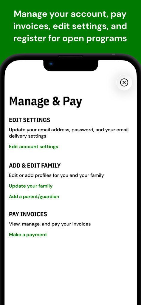 LeagueApps Play Mobile App Bildschirm zur Verwaltung von Konto-Einstellungen, Bearbeitung von Familienprofilen und Bezahlung von Jugendsport-Rechnungen.