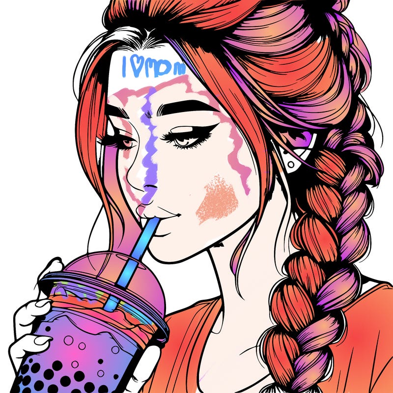 realistic girl drinking boba tea with braided hair