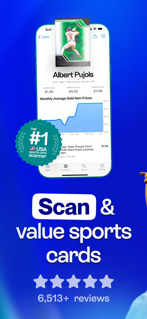 Cardstock: Sports Card Scanner - Interface of the Cardstock app displaying a baseball card with its market value and price history chart.