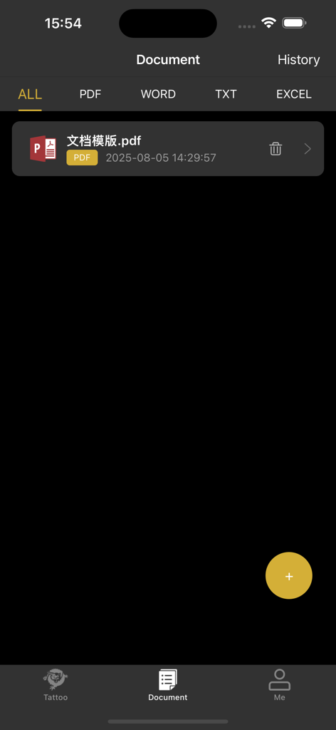 TATTOO PRT - Pantalla de gestión de documentos de la aplicación móvil TATTOO PRT mostrando la pestaña de gestión de documentos con opciones para archivos PDF, Word y de Texto para la impresión de stencils de tatuajes.