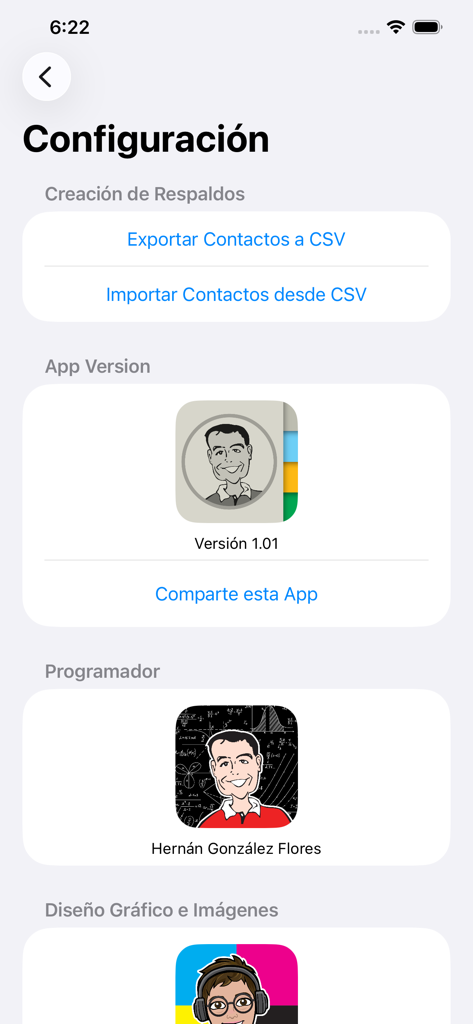 ContactLog - Settings screen of ContactLog app showing CSV backup options and developer information