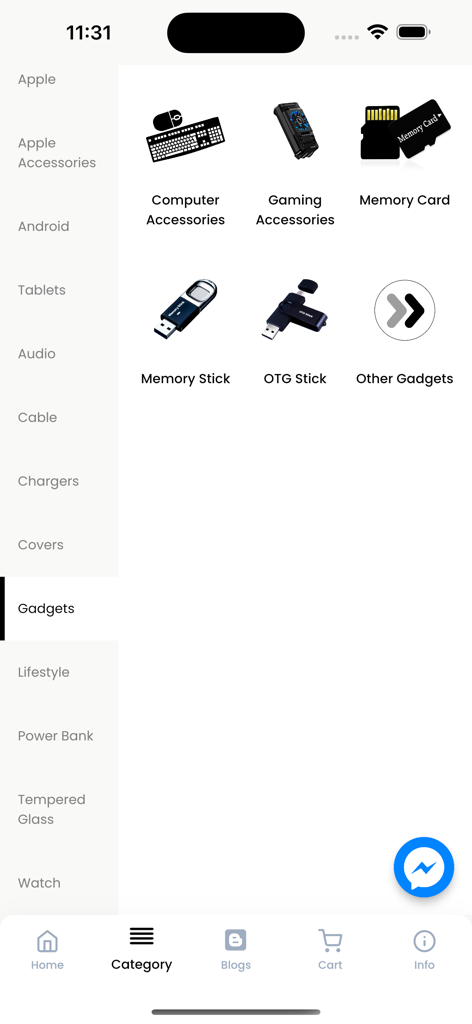 Anycall Mobile - Interfaz de compras de la aplicación Anycall Mobile que muestra varias categorías de dispositivos como accesorios para juegos y tarjetas de memoria