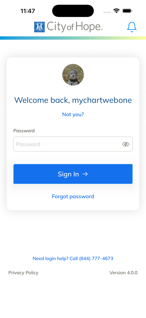 City of Hope mobile app login page with user profile image and password sign in field