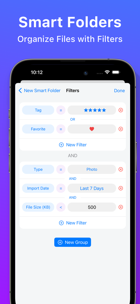 MaxVault - Photo & Video Vault - MaxVault app interface displaying the smart folders feature for organizing files with custom filters