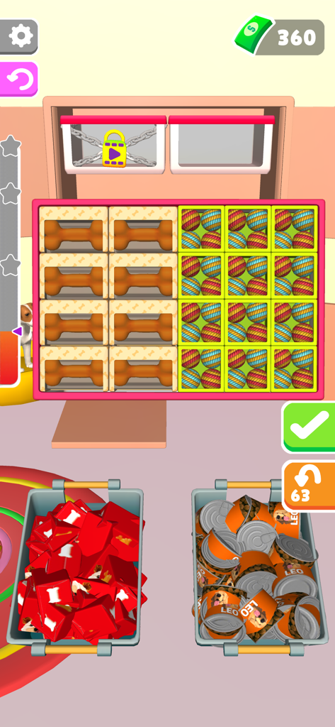 Gameplay screenshot of Fill The Fridge showing dog treats and pet toy balls being organized into a storage shelf.
