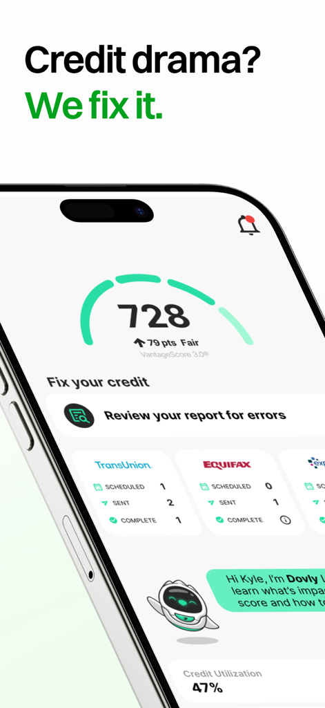 Interfaccia dell'app Dovly AI che mostra un punteggio di credito di 728 e il monitoraggio delle contestazioni delle agenzie di credito.