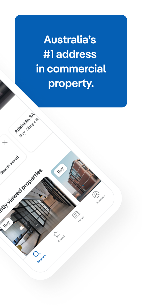 Realcommercial.com.au - オーストラリアの商業用不動産を閲覧するためのRealcommercialアプリのインターフェース。